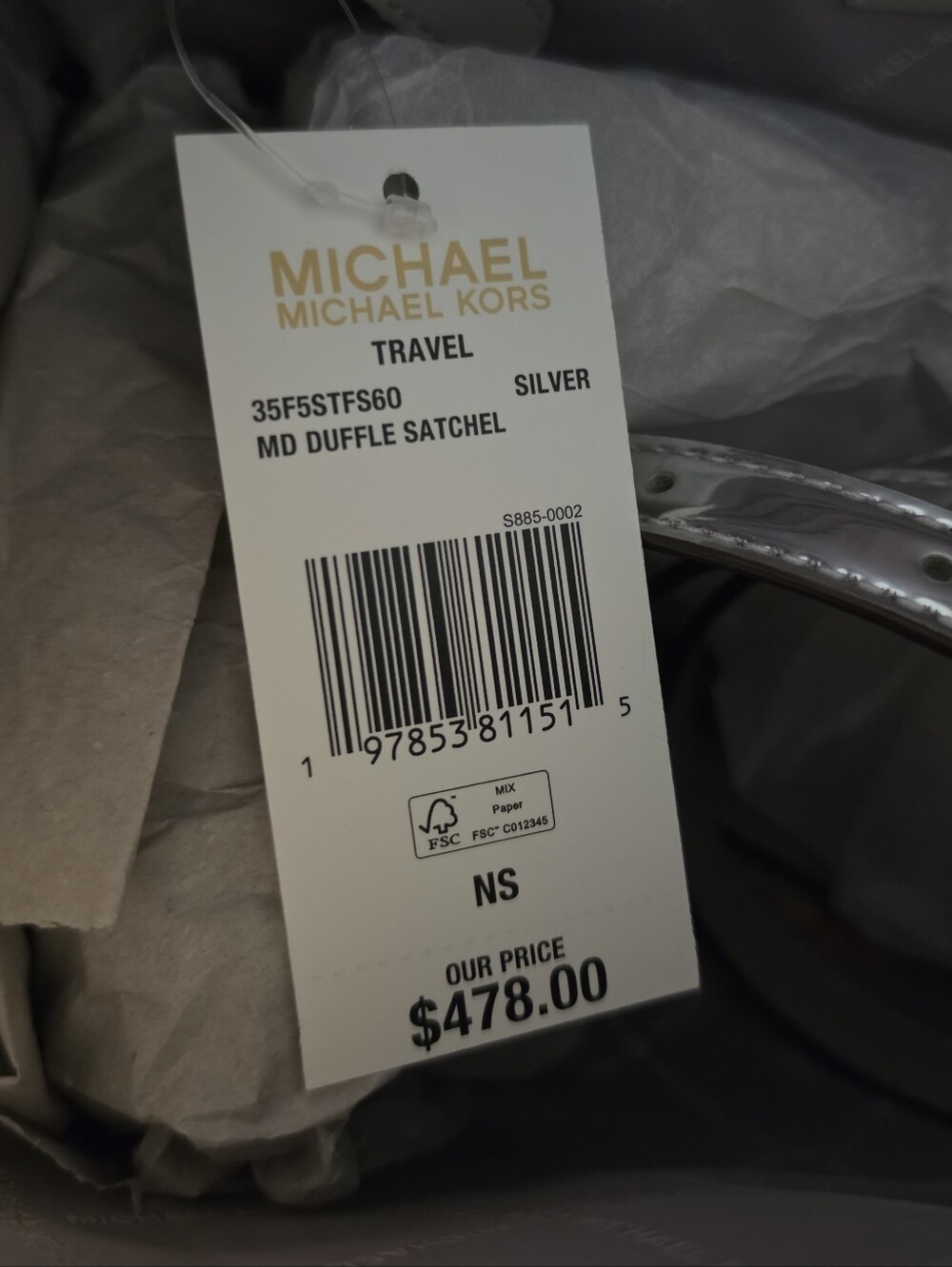 Michael Kors Jet Set Travel Medium Silver Duffle Satchel - Picture 7 of 9